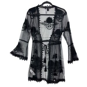 Primark Black Lace EMBROIDERED LONG Sheer XS Kimono Cardigan Duster Goth Fairy
